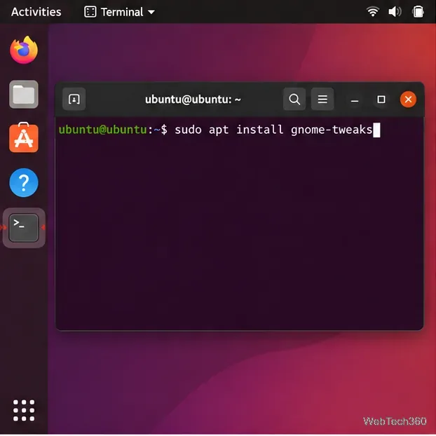 Terminal Ubuntu affichant sudo apt install gnome-tweaks