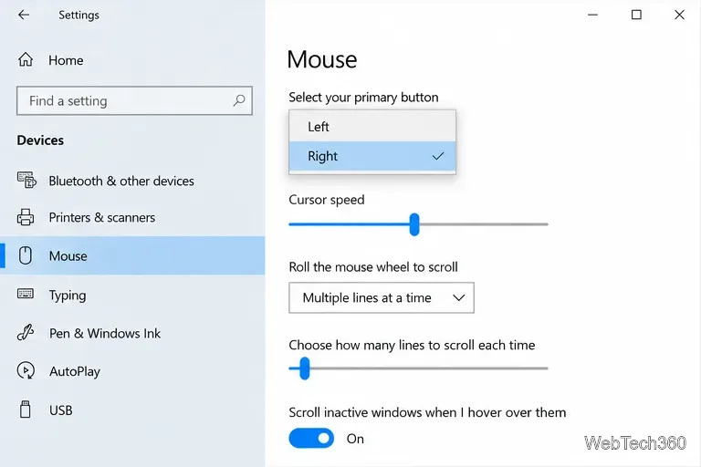 The Windows 10 primary mouse button dropdown open with Right selected and Left shown as the other option.