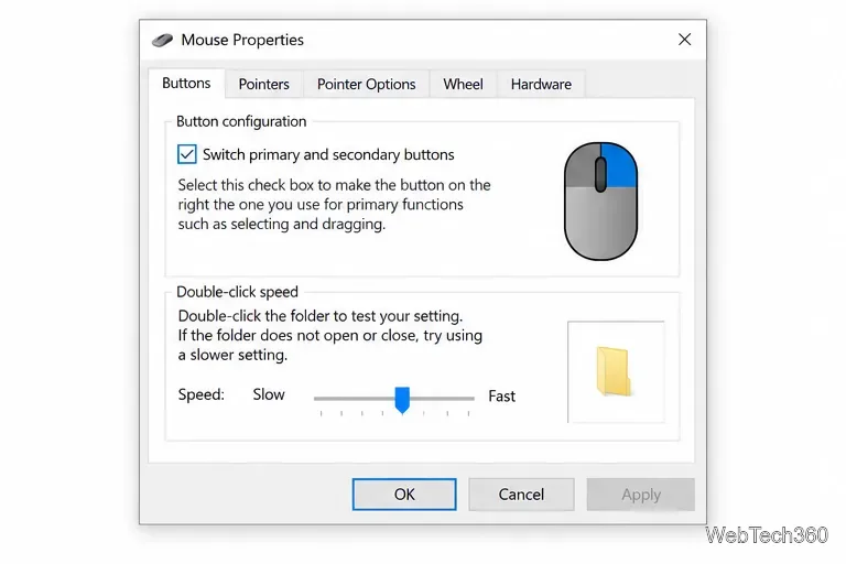 Classic Windows Mouse Properties dialog on the Buttons tab with Switch primary and secondary buttons checked.