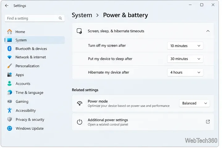 Página de energia e bateria do Windows 11 com configurações de desligamento da tela e tempo limite de suspensão.