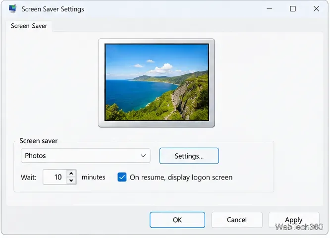 Caixa de diálogo Configurações do protetor de tela com a opção Exibir tela de login marcada ao retomar a atividade.