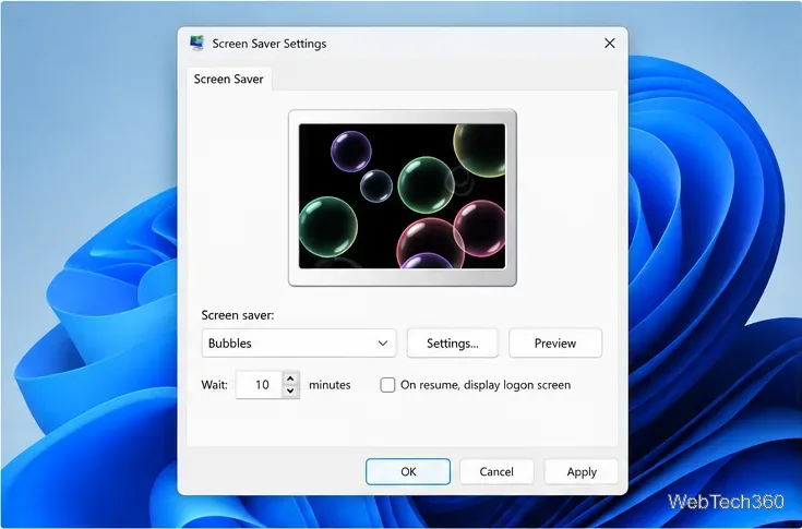 Diálogo de Configurações do Protetor de Tela com a opção Bolhas selecionada, um campo de Espera, um botão Visualizar e uma caixa de seleção de login.