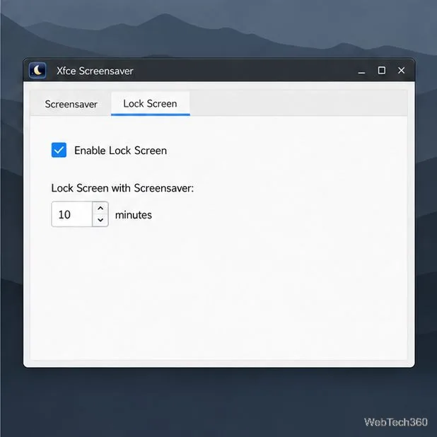 Xfce Screensaver’s Lock Screen tab with the lock screen enabled and a screensaver delay setting.