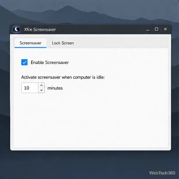 Xfce Screensaver’s Screensaver tab with the saver enabled and an idle activation interval displayed.