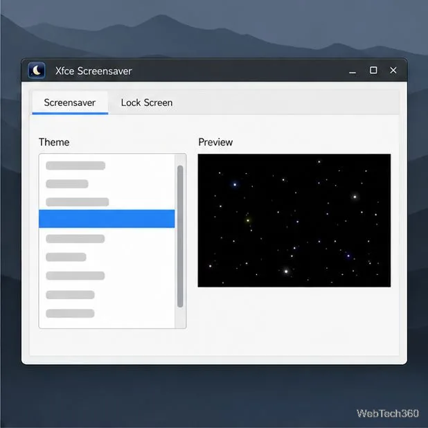 Xfce Screensaver preferences with a theme list on the left and a preview pane on the right.