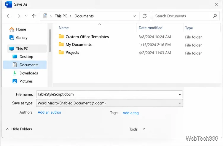Diálogo "Salvar como" do Word com o tipo de arquivo "Documento habilitado para macro do Word (*.docm)" selecionado.
