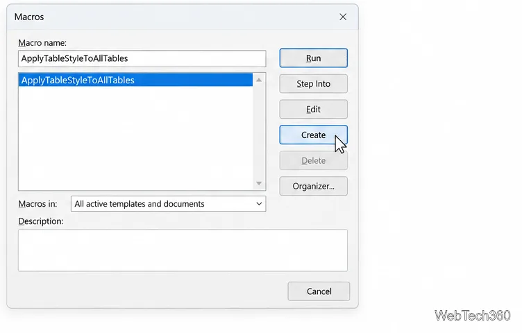 A caixa de diálogo Macros do Word com ApplyTableStyleToAllTables inserida e o botão Criar selecionado.