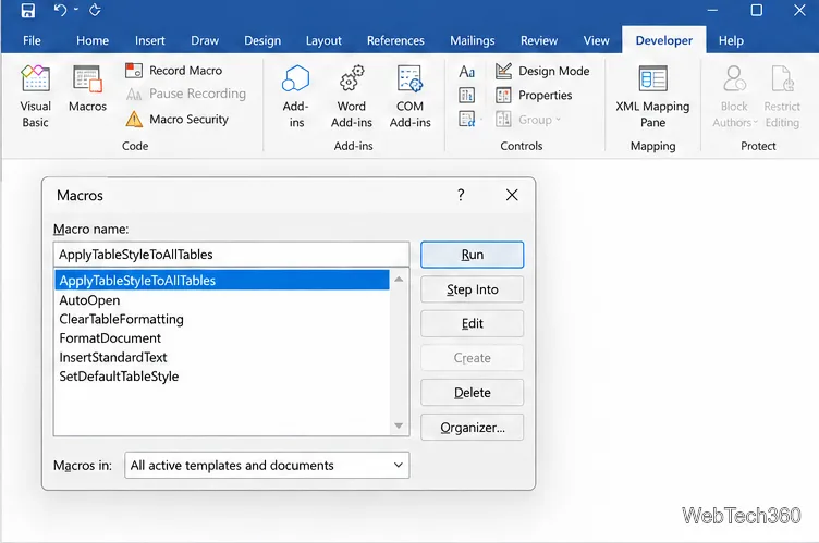 Diálogo de Macros do Word com a opção AplicarEstiloDeTabelaA todasAsTabelas selecionada e o botão Executar visível.