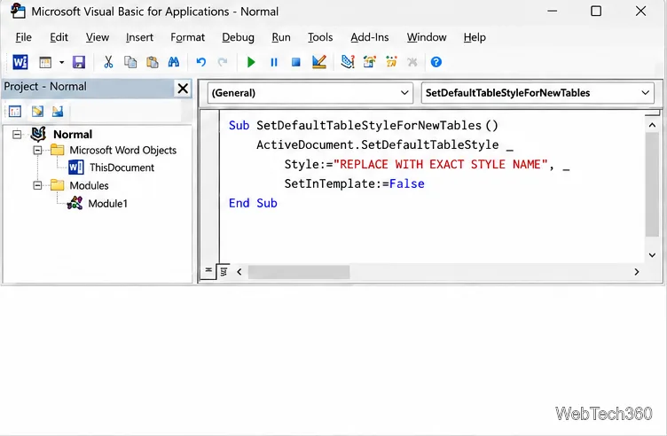 Editor do Visual Basic com SetDefaultTableStyle e SetInTemplate definidos como False para tabelas futuras.