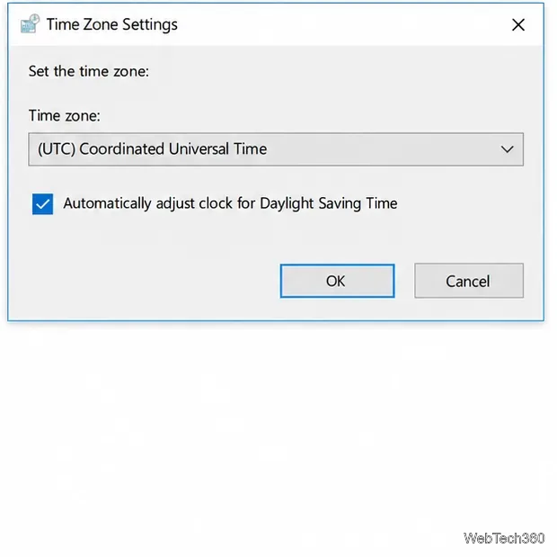 Classic Windows Time Zone Settings dialog with a time zone list and daylight saving checkbox
