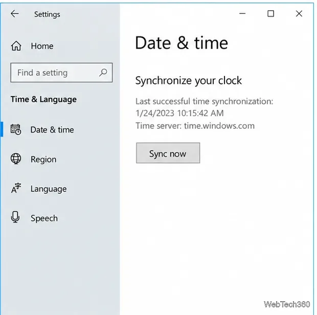 Windows 10 Synchronize your clock section with the Sync now button