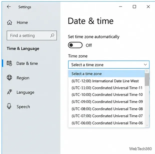 Windows 10 time zone dropdown expanded with UTC offset choices