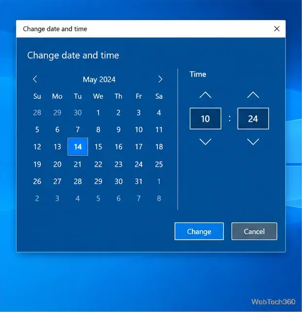Windows 10 Change date and time dialog with a calendar and hour and minute controls