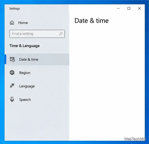 Windows 10 Settings navigation with Date & time selected under Time & Language