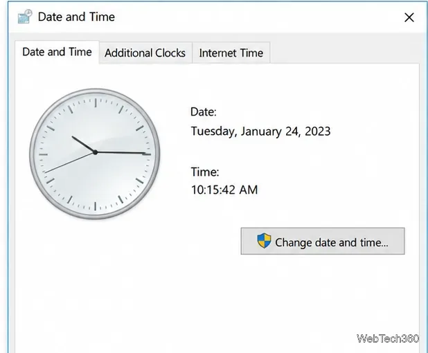 Classic Windows Date and Time Control Panel dialog showing the Change date and time button