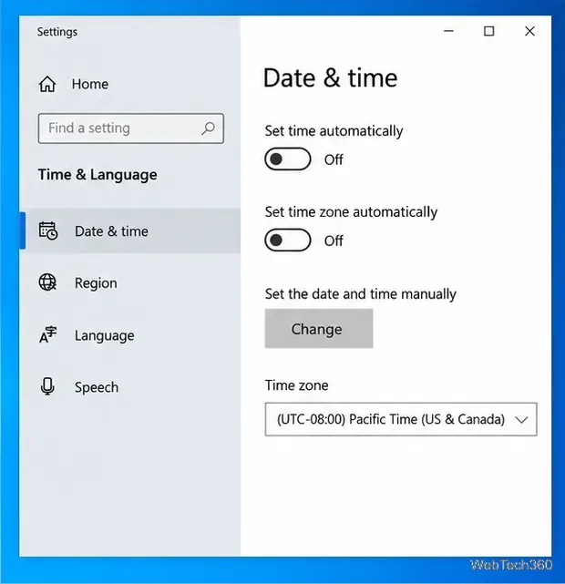 Windows 10 Date & time settings with automatic time off and the manual Change button