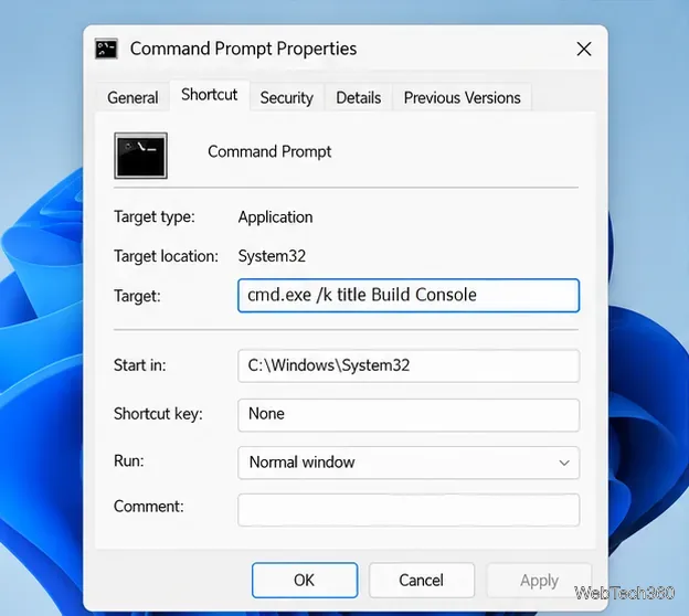 在“捷徑”標籤中,將 cmd.exe /k 的標題設為“建置控制台”,並在“目標”欄位中輸入。