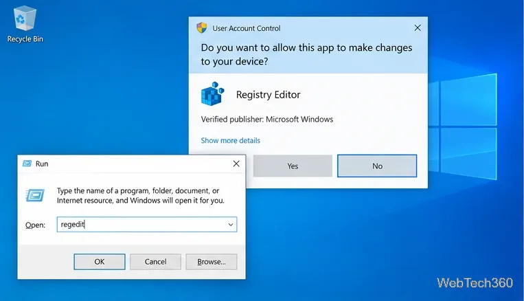 Diálogo "Executar" do Windows 10 com o comando "regedit" inserido e uma solicitação de permissão do Editor do Registro.