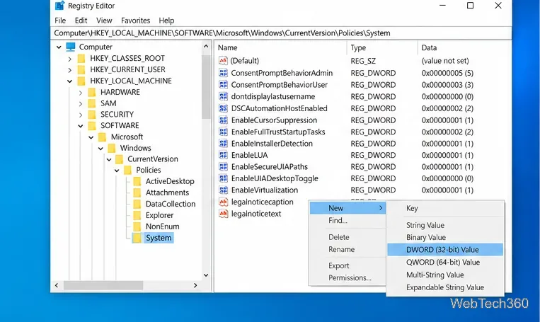 Menu de contexto do Editor do Registro com Novo e Valor DWORD (32 bits) selecionados.