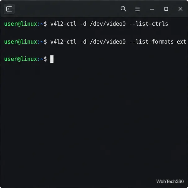 Una terminal de Linux muestra los comandos v4l2-ctl para listar los controles de la cámara y los formatos de vídeo compatibles.