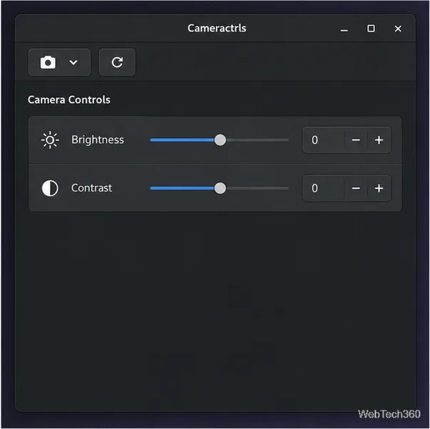 La ventana GTK de Cameractrls muestra su selector de cámara y una lista de los controles de cámara disponibles.