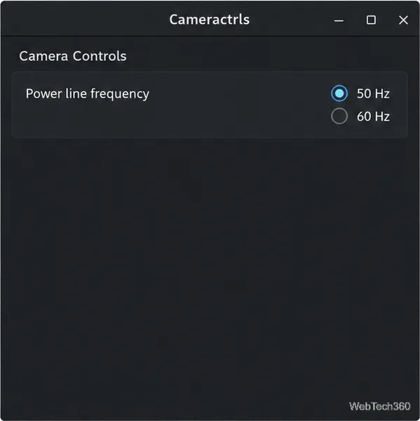 La ventana de controles de Cameractrls muestra una configuración de frecuencia de línea eléctrica con opciones de 50 Hz y 60 Hz.