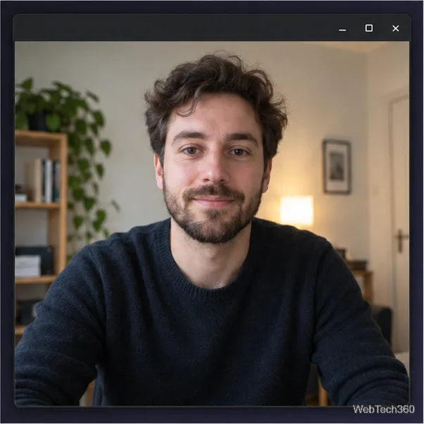 En una ventana de vista previa de la cámara web, en una habitación con iluminación tenue, se ve a una persona centrada.