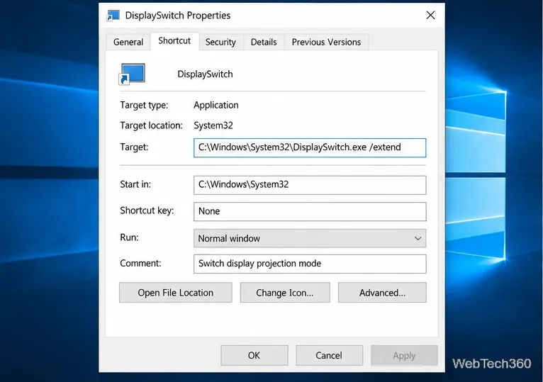 В свойствах ярлыка на вкладке «Ярлык» укажите DisplaySwitch.exe и параметр /extend в поле «Цель».