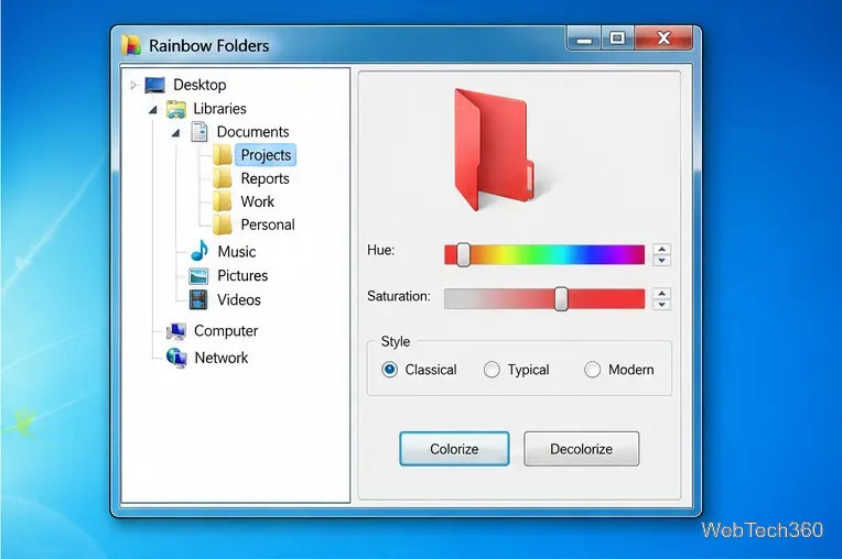 Rainbow Folders window with a selected folder, hue and saturation controls, three icon styles, and the Colorize button