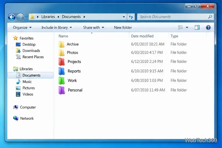 Windows 7 File Explorer displaying project, reports, work, and personal folders with distinct colored icons