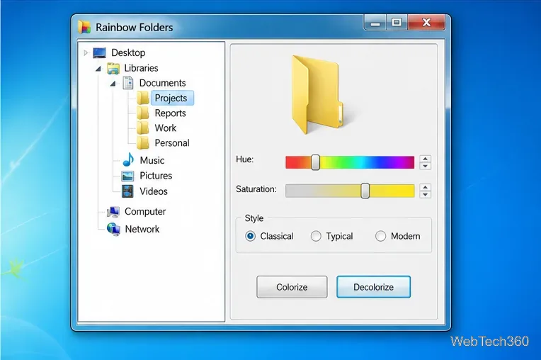 Rainbow Folders preview showing a standard yellow folder and the Decolorize control selected