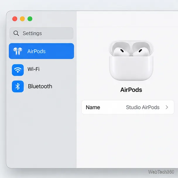 Janela de Configurações do Sistema do Mac com os AirPods selecionados na barra lateral e a linha Nome no painel de configurações.