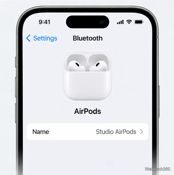 Tela de detalhes dos AirPods do iPhone mostrando o nome dos AirPods Studio existentes na linha Nome.
