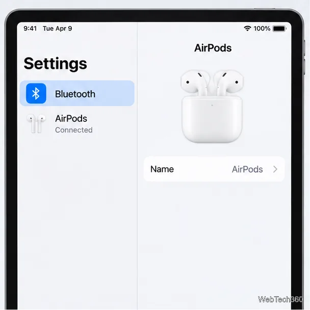 Configurações do iPad mostrando os AirPods conectados e a linha "Nome" no painel de configurações do dispositivo.