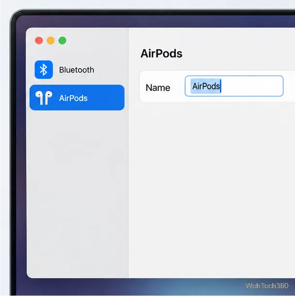 Configurações do sistema do Mac com os AirPods selecionados na barra lateral e o campo Nome pronto para edição.