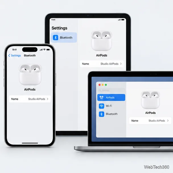 As telas de configurações do iPhone, iPad e Mac exibem o mesmo nome: Studio AirPods.