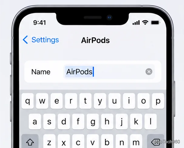 Configurações dos AirPods no iPhone com o nome atual selecionado no campo Nome para edição.