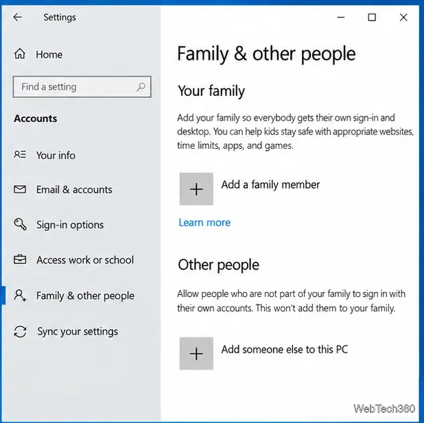 إعدادات العائلة والأشخاص الآخرين في نظام التشغيل Windows 10 مع إظهار خيار "إضافة شخص آخر إلى هذا الكمبيوتر".