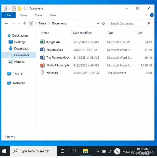 مستكشف الملفات يعرض المستندات الموجودة داخل ملف تعريف Maya الجديد لنظام التشغيل Windows