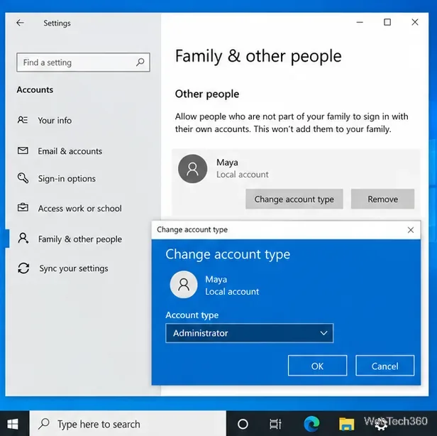 مربع حوار تغيير نوع الحساب في نظام التشغيل Windows 10 مع تحديد "المسؤول" للحساب المحلي الجديد