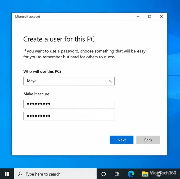 نموذج إنشاء مستخدم محلي في نظام التشغيل Windows 10 مع إدخال اسم المستخدم Maya وحقول كلمة المرور