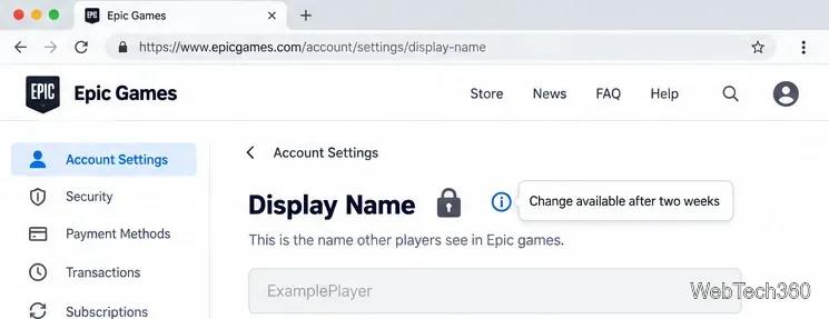 ตัวอย่างการตั้งค่าชื่อแสดงผลระดับ Epic พร้อมไอคอนรูปกุญแจและข้อความแจ้งเตือนเกี่ยวกับระยะเวลาคูลดาวน์สองสัปดาห์