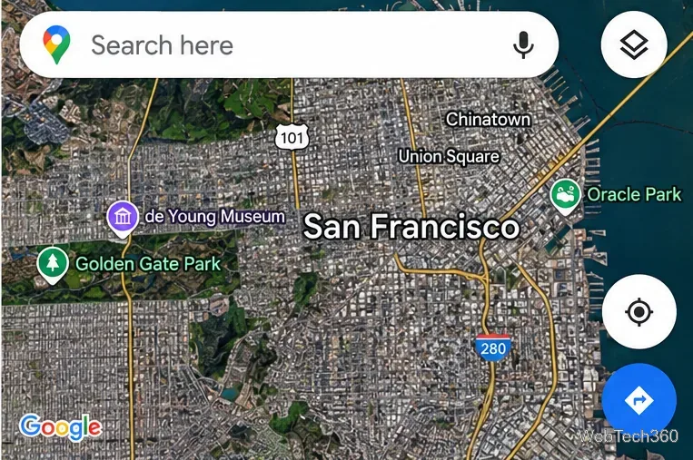 Google マップのモバイル衛星地図（航空写真、検索フィールド、レイヤーボタン付き）