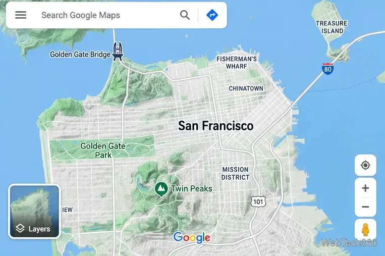 サンフランシスコ周辺の丘陵地帯や地形の等高線を陰影で表示した、Googleマップの地形図風ビュー