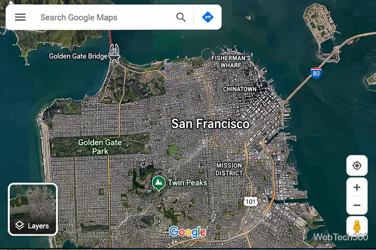 デスクトップ版Googleマップの衛星画像表示（航空写真付き）。左下にはレイヤーコントロールがあります。