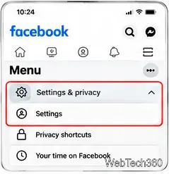 Aspect alternativ al meniului mobil Facebook cu Setări și confidențialitate și Setări evidențiate.