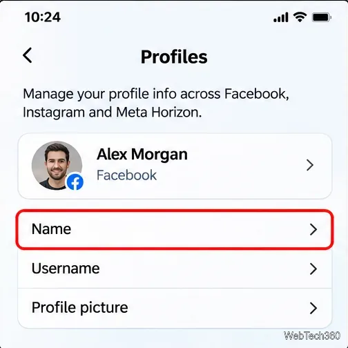 Setările profilului de Facebook afișează elementul Nume separat de Nume de utilizator.