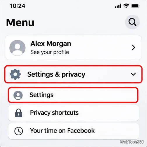 Meniul mobil Facebook afișează Setări și confidențialitate extins și Setări selectate.