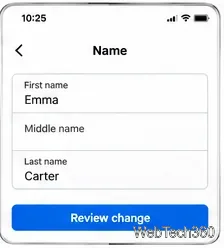 Ecran alternativ de editare a numelui Facebook cu butonul de modificare a revizuirii vizibil.