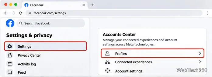Vizualizare browser desktop care evidențiază Setări și Profiluri în Centrul de conturi.